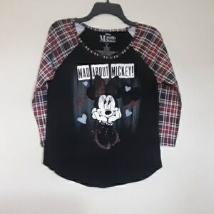 Disney Mickey Mouse  Raglan Shirt - Black and Red Plaid Baseball Sleeve